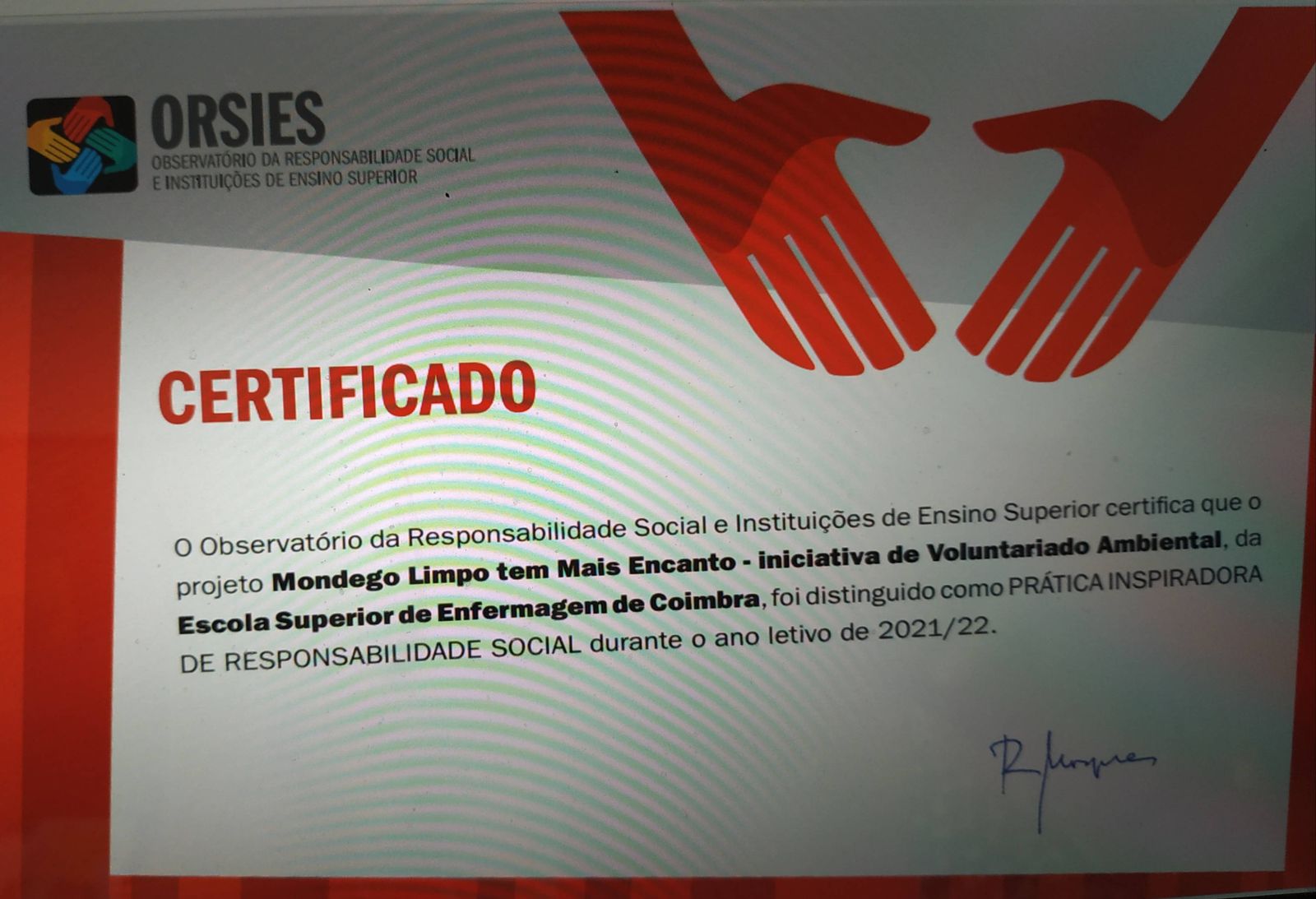 Certificado de Prática Inspiradora de Responsabilidade Social  (emitida pelo ORSIES)